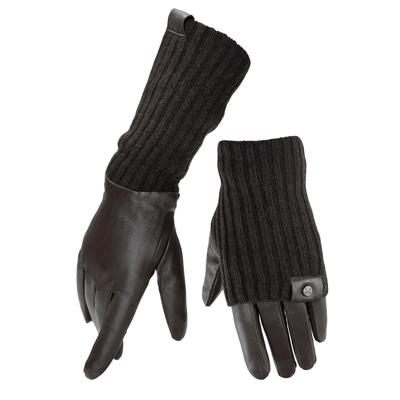 Lederhandschuhe PEARLWOOD "ROMY", Damen, Gr. 7.5, braun (schwarzbraun), Feinripp, Materialmix, unifarben, Handschuhe, Fleecefutter, als Lang-oder Kurzhandschuh zu tragen, Strickbündchen