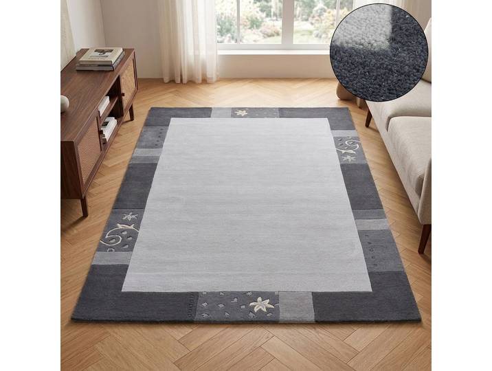 Wollteppich THEKO Royal Ganges , silber (silberfarben), B:90cm H:13mm L:160cm, Viskose, Wolle, Teppiche, Wollteppich, 95% Wolle, mit Bordüre, auch in rund, Wohnzimmer, Schlafzimmer