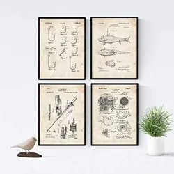 POSTER Set mit 4 Angelrute Patent A3 Schwarzer Rahmen