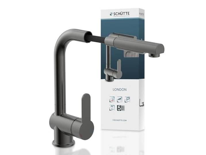 SCHÜTTE 79720 LONDON Küchenarmatur mit ausziehbarer Brause, Wasserhahn für die Küche mit Energiesparfunktion, Mischbatterie mit Einhebelmischer, Spültischarmatur, Matt Graphit