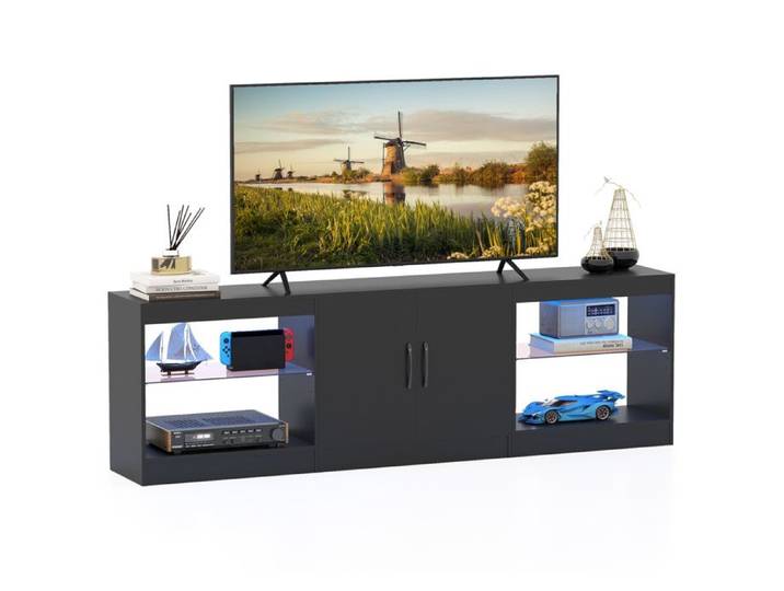 COSTWAY 65  Meuble TV LED avec 16 Couleurs 2 Portes Magnétique 4 Compartiments Ouverts pour Salon Chambre Noir