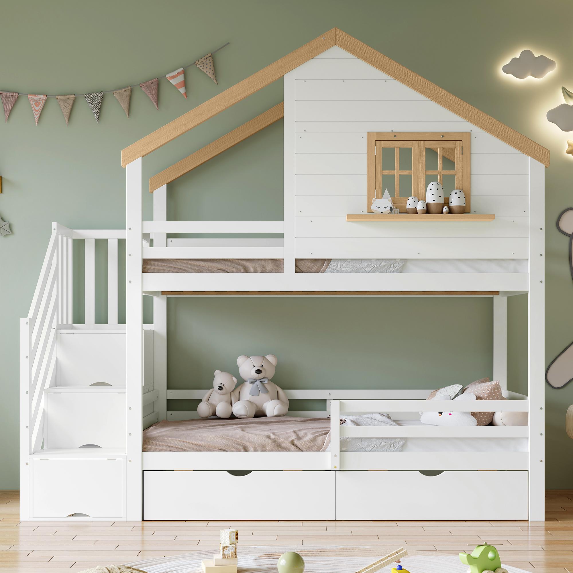 Sweiko Etagenbett, Holzbett, Kiefer + MDF, Aufbewahrungstreppen, raffiniertes kleines Hausdesign mit einem Fenster, Stauraum unter dem Bett, Weiß + Natur, 90x200cm