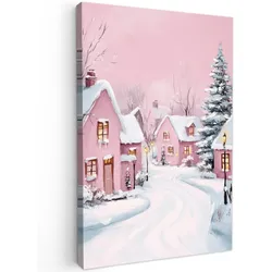LEINWANDBILD Weihnachtsdorf - Rosa - Winter - Schnee - Häuser Deko Groß 90x140 cm