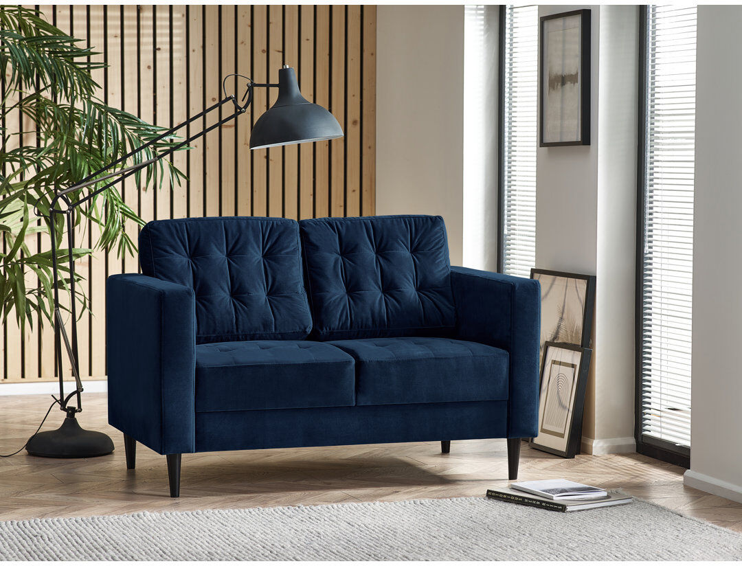 17 Stories Jodi Velvet Sofa - Upholstered Modern Retro Fabric Stylish & Contemporary Navy 2 Seater