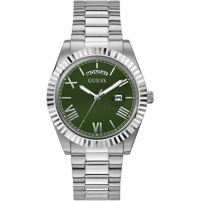 Quarzuhr GUESS "CONNOISSEUR", silber (silberfarben, olivgrün, olivgrün), Armbanduhren, Herren, silberfarben, Quarzuhr, Armbanduhr, Herrenuhr, Datum, Wochentag, Edelstahlarmband