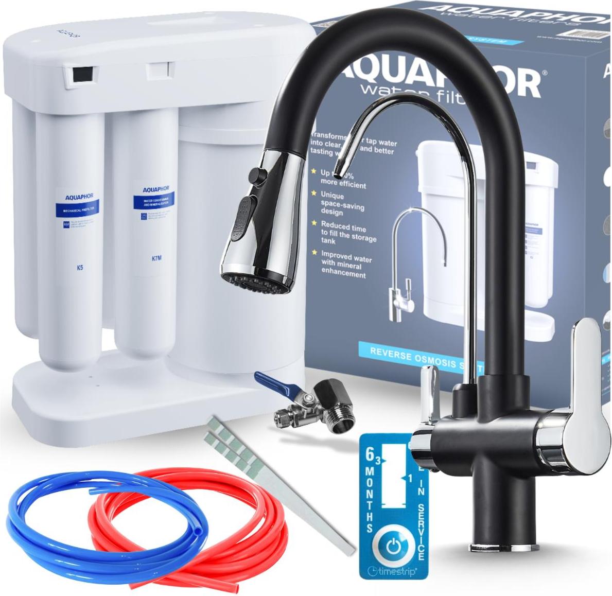 Wasserfilter Set Aquaphor Morion mit 3-Wege Küchenarmatur Nordic, Umkehrosmose, 360° schwenkbar, ausziehbare Brause