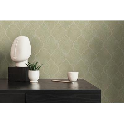 Vliestapete LIVING WALLS "LIMITED – Botanische Geometrie", grün (beige), B:0,53m H:0m L:10,05m, Vlies, Tapeten, Stilisierte Blätter in grafischem Ornamentmuster