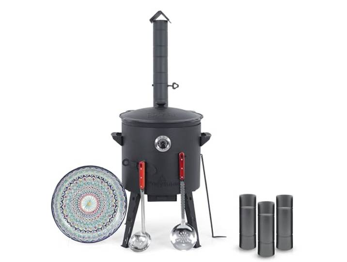 Utschak Feuerofen Ø 40 cm & Gusseisen Kasan 12L mit flachem Boden & Zubehör Usbekischer Kochtopf aus Gusseisen, inkl. Schaumkelle, Schaumlöffel, Thermometer, Rischtan-Lagan & Schornsteinverlängerung