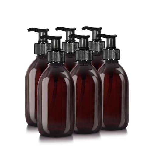 Oputec Set van 6 Bruine Transparante Kunststof Zeepdispensers van 300 ml met Pompen en Etiketten
