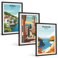 BILDER SET 3er Set - 40x60 cm Schwarzer Rahmen - Malerische Retro-Landschaften
