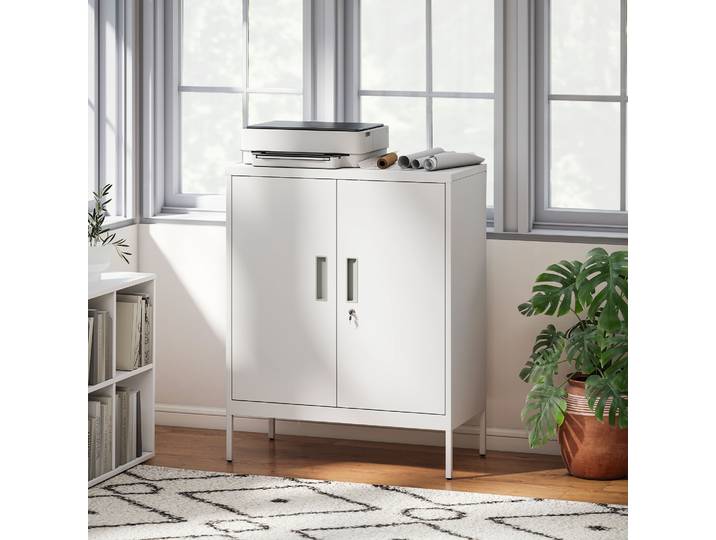 HOMCOM Armoire Métal Verrouillable 2 Portes 2 Étagères Blanc