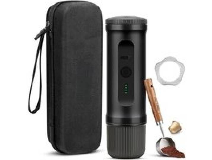 Machine a Cafe Portable avec Sac de Rangement Support et Cuillère 2 en 1 compatible capsules et café moulu à chauffage intégré
