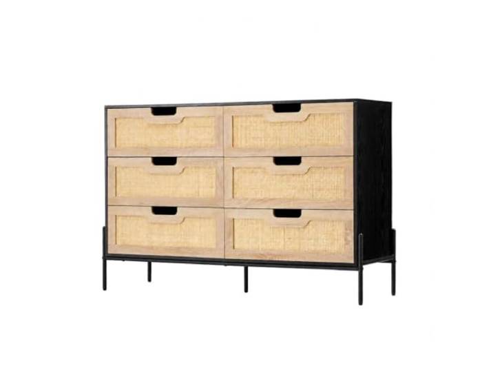 Furntrastar 120x40x82cm Moderne Rattan Kommode Mit 6 Schubladen – Boho Holzschrank – Stabile Metallbeine – Geräuschloses
