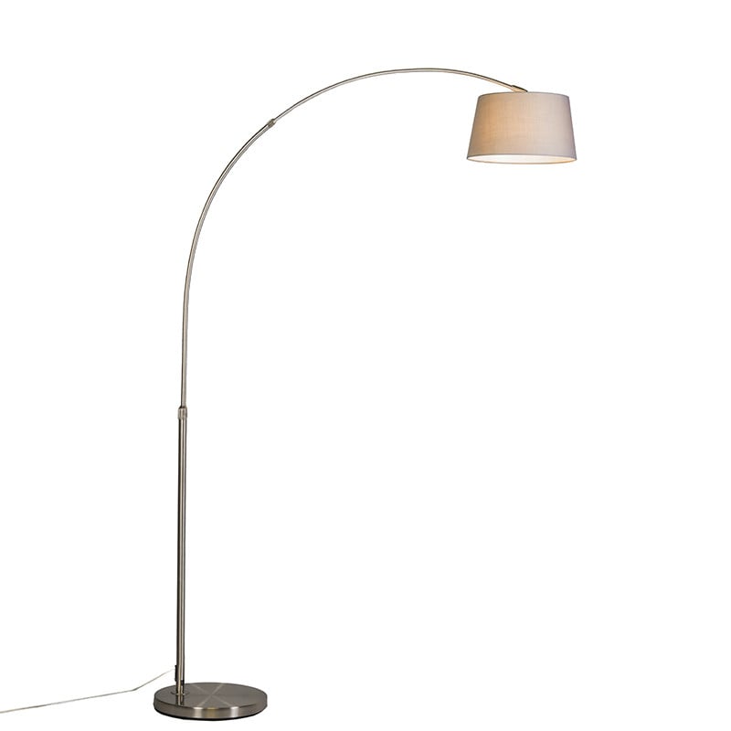 Qazqa Arc Basic Booglamp in zilver met grijze stoffen kap, dimbaar en verstelbaar