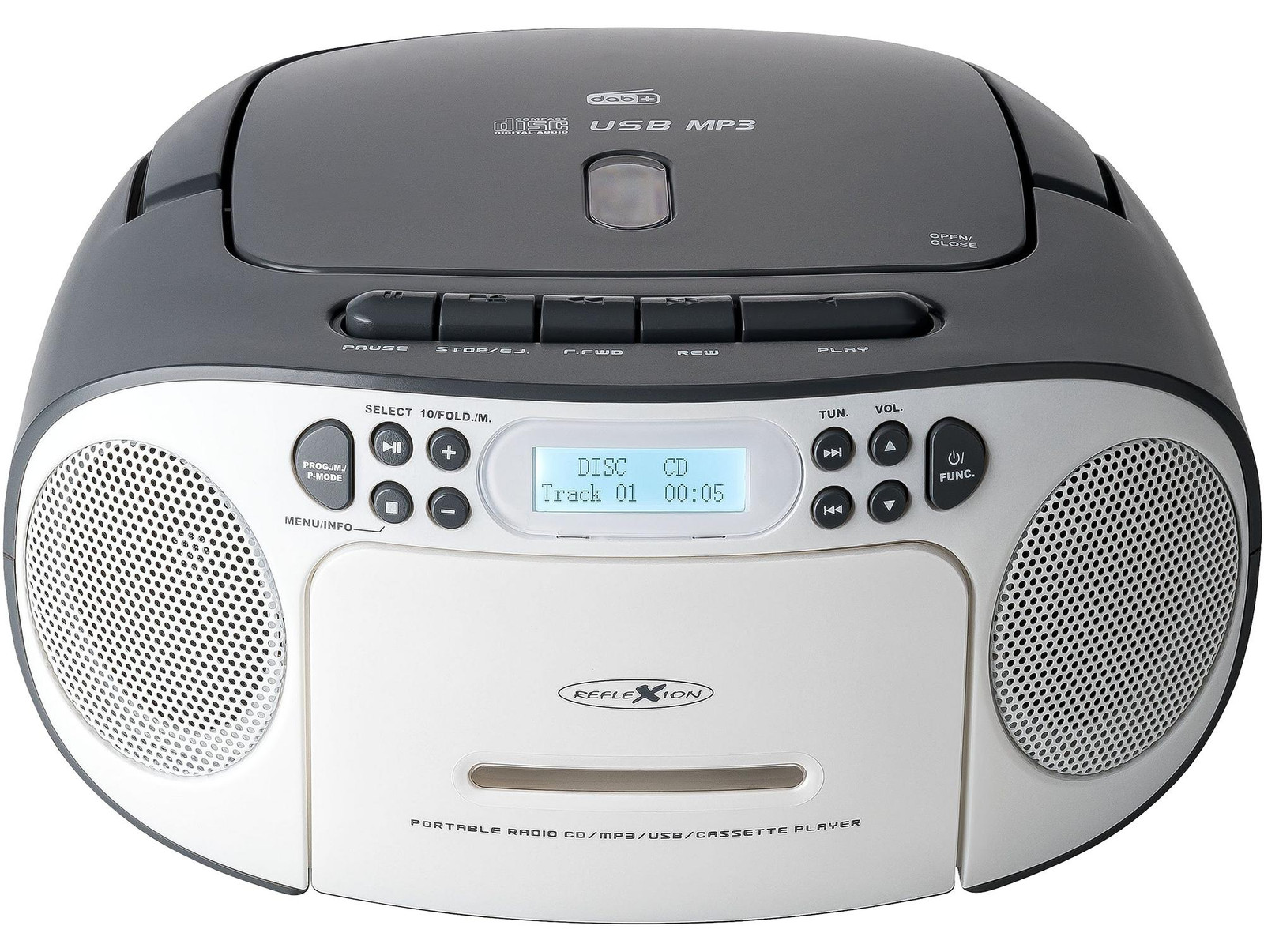 Reflexion Reflexion RCR2260DAB Boombox met DAB+, FM-radio, cassette, CD/MP3-speler, USB en AUX, wit-grijs