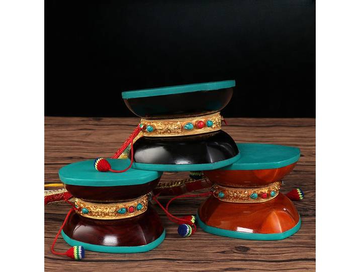 Tambour à main tibétain doré du Népal, tambour tibétain en bois, tambour du Dharma en cuivre, peau de chèvre, son clair