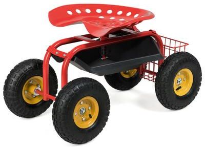 Costway Red/Green Garden Cart Rolling Work Seat With Heavy Duty Tool Tray Gardening Planting-Red