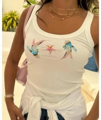 Inspired Finds Shiny Embroidered Pearl Beaded Crop Tank Top For Women starfish s(us 4)