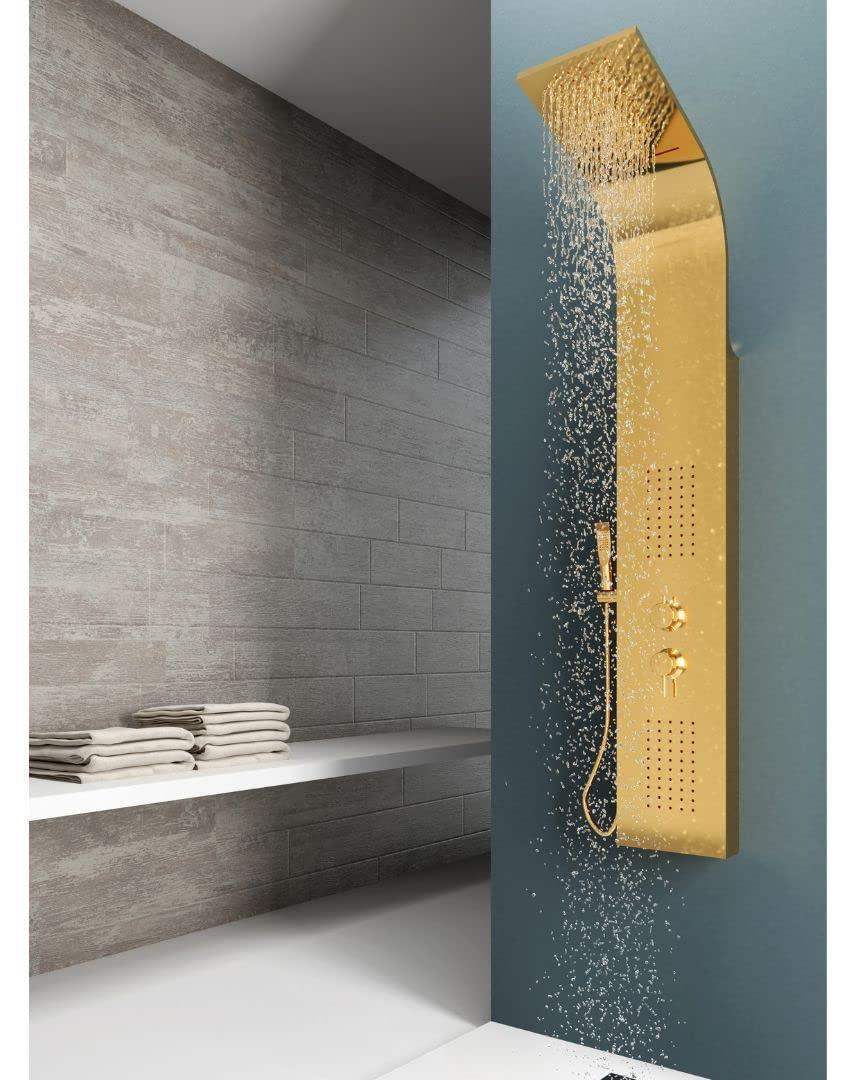 Duschpaneel Gold Stahl, 4 Funktionen, Wasserfall, Handbrause, Mischbatterie