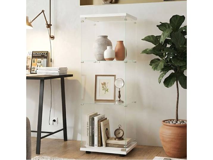 Vitrine d Exposition 125cm - 1 Porte 3 Etageres - Montage Rapide 30 Min - Verre Trempe et Bois - Blanc