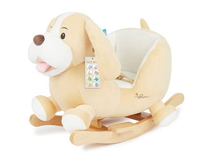 Bieco Plüsch Schaukeltier Hund 'Sam' Kinder Schaukelstuhl mit Sicherheitsgurt Baby Schaukel Schaukel Kleinkind Schaukeltier Baby Zimmer Schaukelwippe ab 9 Monate Schaukelpferd Holz