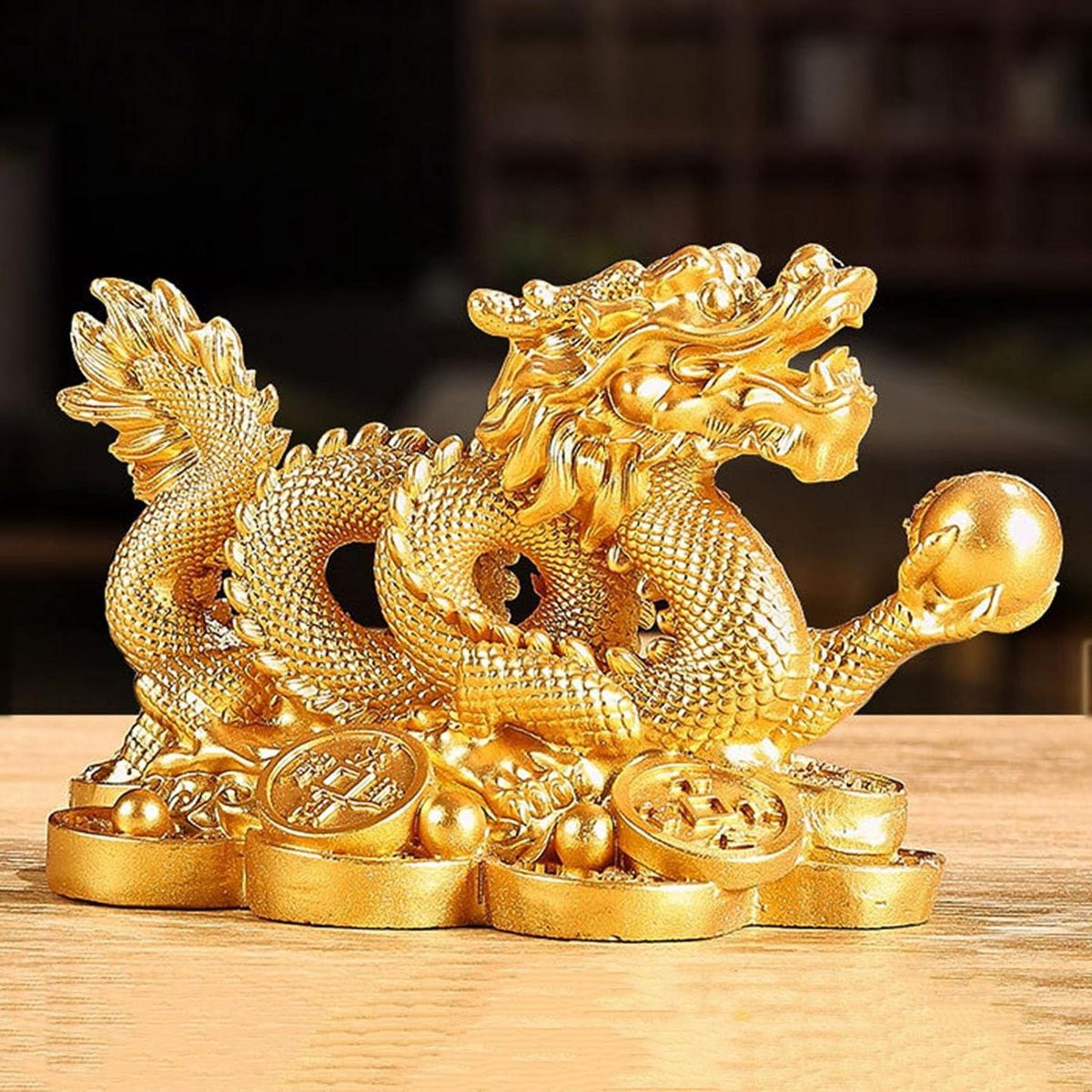 Gouden Chinese Draak Beeldje - Feng Shui Gelukssymbool voor Huis en Kantoor