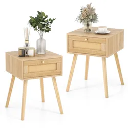COSTWAY 2er Set Rattan-Nachttische, mit Schublade, 40x40x55 cm, Eiche.