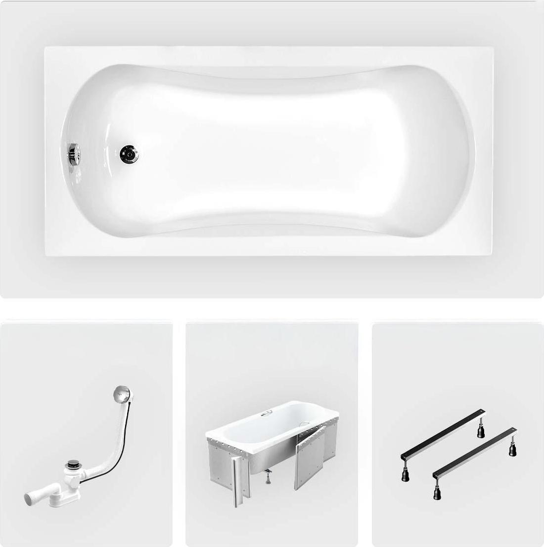 Rechteckige Badewanne - 160 x 70 cm - mit Verkleidung - Füße - Chromablauf - ARIA