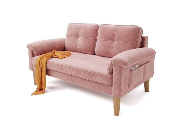 Canapé 2 Places - Bealife Canapé Scandinave - 2 Coussins - 2 Accoudoirs - Tissu Rose - Bois - Salon - Chambre - 144 x 77 x 77 cm