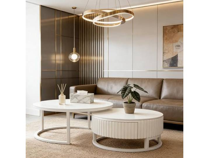 JPQTRYDRIS Marmor Couchtisch Weiss Couchtisch Rund 2er Set Beistelltisch 50+70cm Nested Satztische Kaffeetisch Mit Stauraum Für Schlafzimmer Wohnzimmer