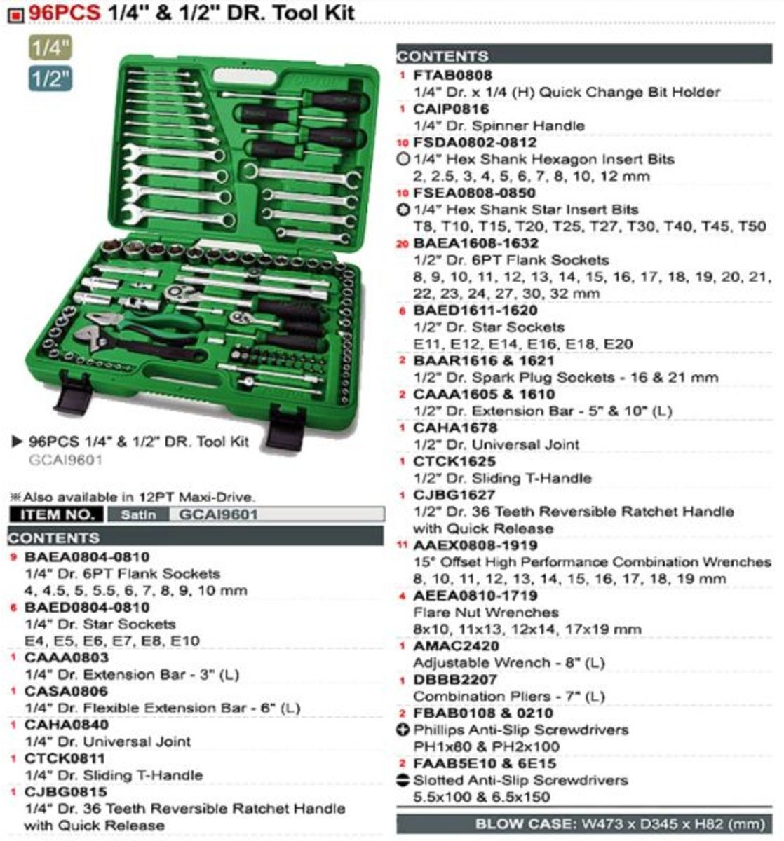 Werkzeugkasten TOPTUL 1/4 zoll 1/2 zoll 96 teilig