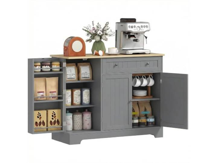HOMCOM Kaffeebar-Schrank mit Stauraum,Schublade,Türregale,Grau Sideboard Anrichteschrank, verstellbare Regale, kleine Küchenvorratskammer