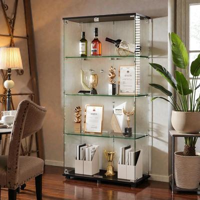 Fundinbaths Glass Display Cabinet with Locking Double Doors, 4 Shelf Curio Cabinet, 5mm Tempered Glass Floor Bookcase
