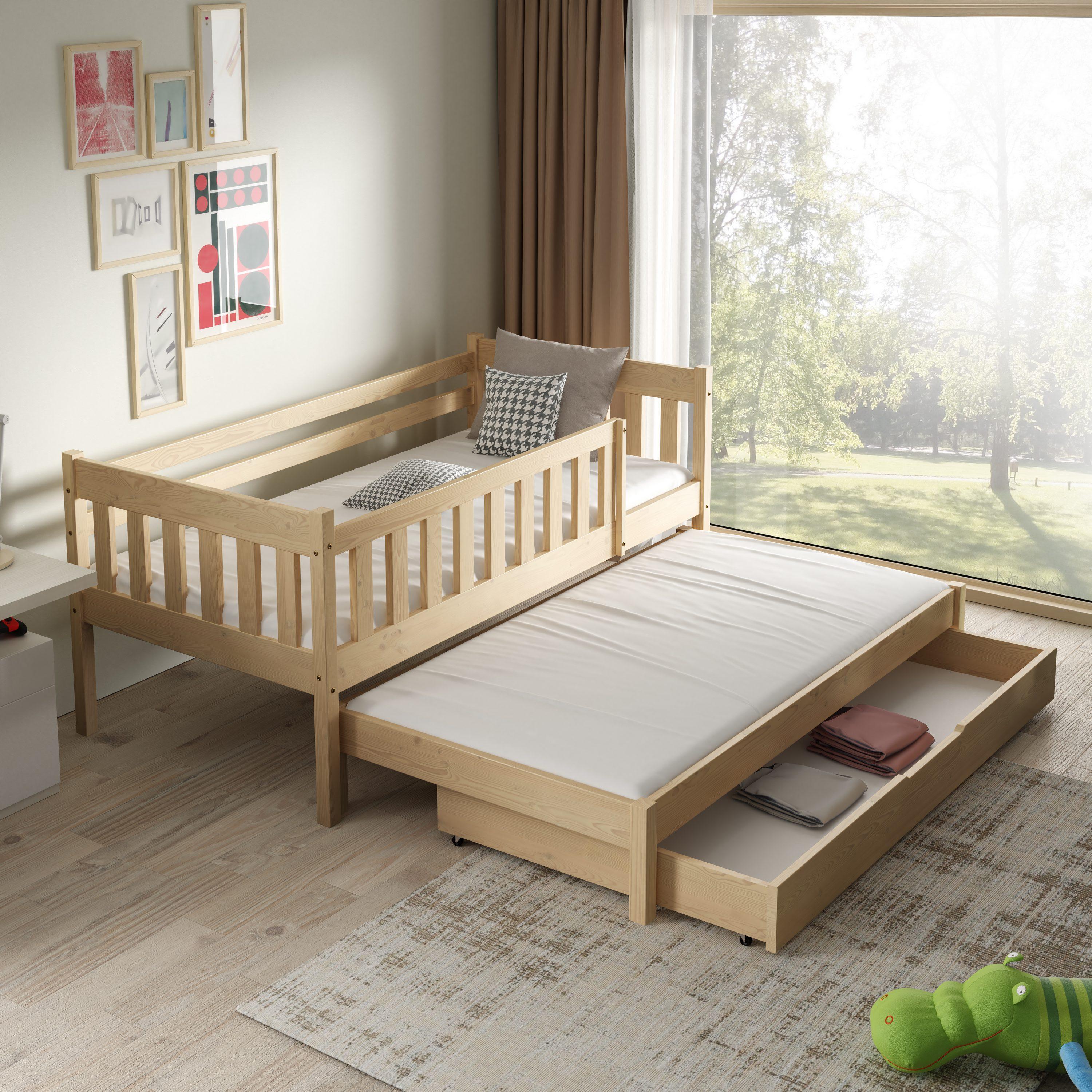 Masseno Kinderbett STELLA 80x160 cm mit Schublade, Rausfallschutz, Kinderbett mit Leiter für Mädchen und Jungs, Stockbett 2 Kinder, Kieferfarben