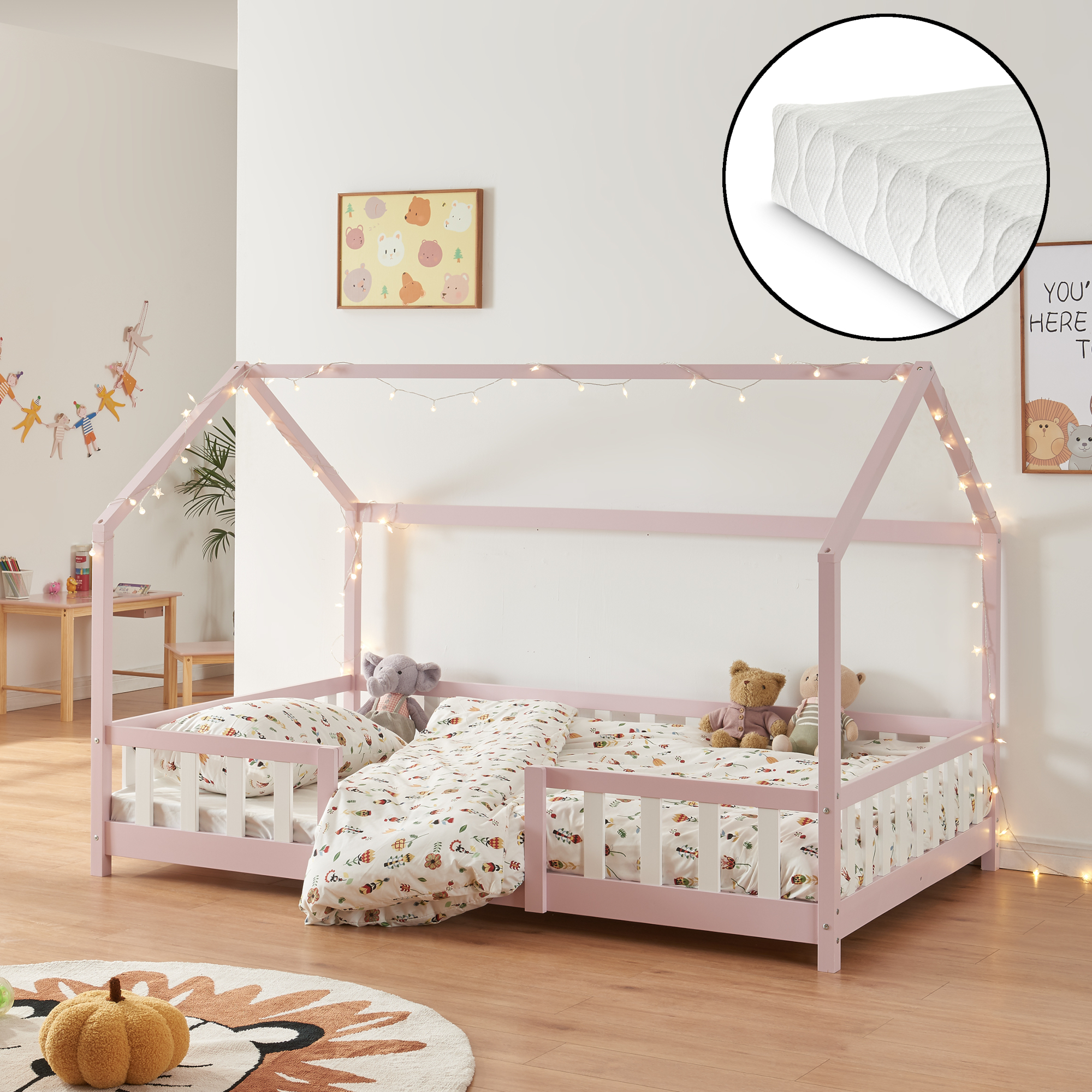 Kinderbett 'Sisimiut' Montessori in Haus-Optik mit Matratze und Rausfallschutz Kiefernholz 140x200 cm Rosa/Weiß