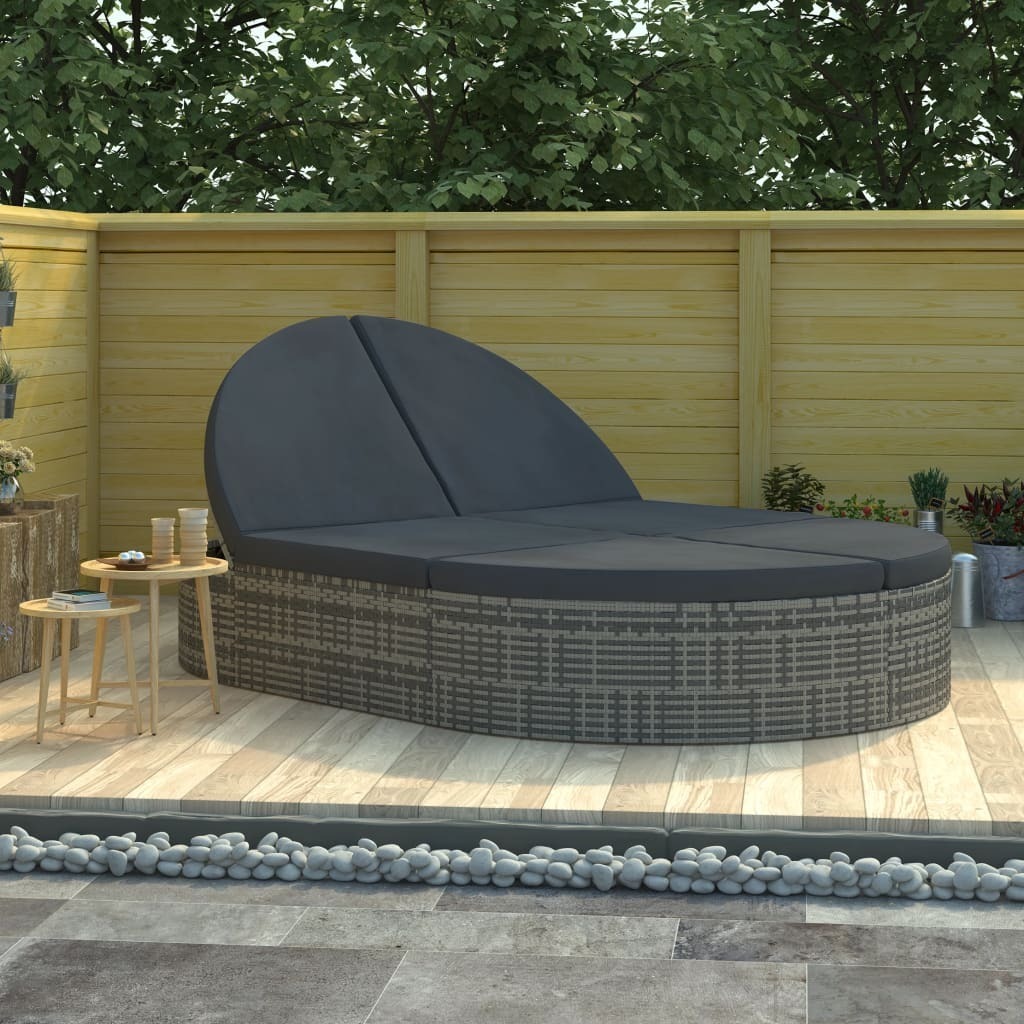 The Living Store Doppel-Sonnenliege mit Kissen Poly Rattan Grau