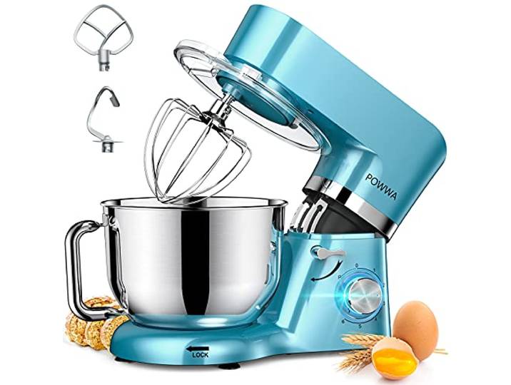 Robot Pâtissier\, POWWA 1500W Pétrin Professionnel\, Silencieux Robot de Cuisine Multifonctionn Pétrisseur avec Batteur Électrique\, Batteur\, Fouet\, Couvercle\, Bol 6.2 L-Bleu