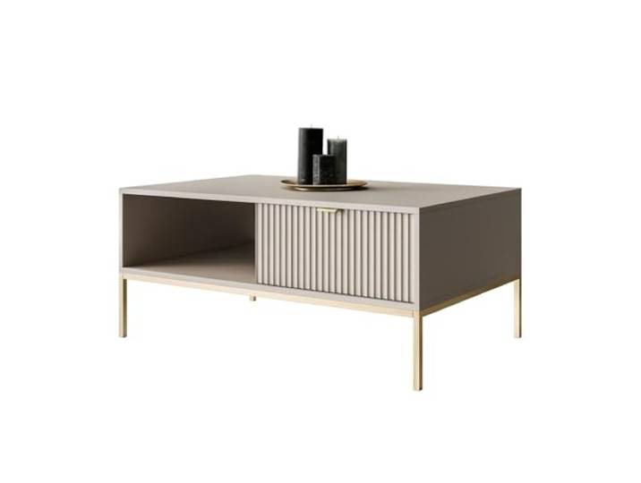 Lookway Couchtisch Cortado Gold L-104, Kaschmir mit Schublade, geriffelte Fronten, goldfarbenes Metallgestell, 104×46×68 cm