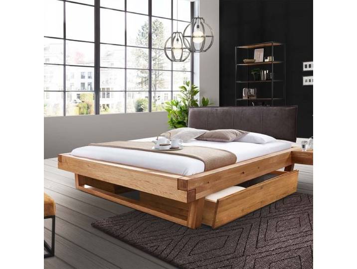 Balkenbett Prunus Wildeiche Massivholz mit Schubkasten
