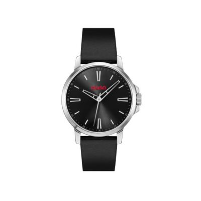 Quarzuhr HUGO "SMOOTH", schwarz (schwarz, silberfarben), Armbanduhren, Herren, Quarzuhr, Armbanduhr, Herrenuhr, Lederarmband, analog