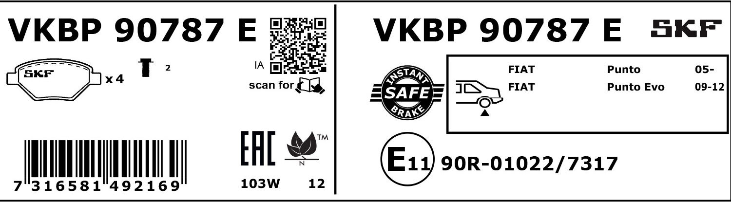 Skf Bremsbelagsatz, Scheibenbremse Vkbp 90787 E Für Abarth