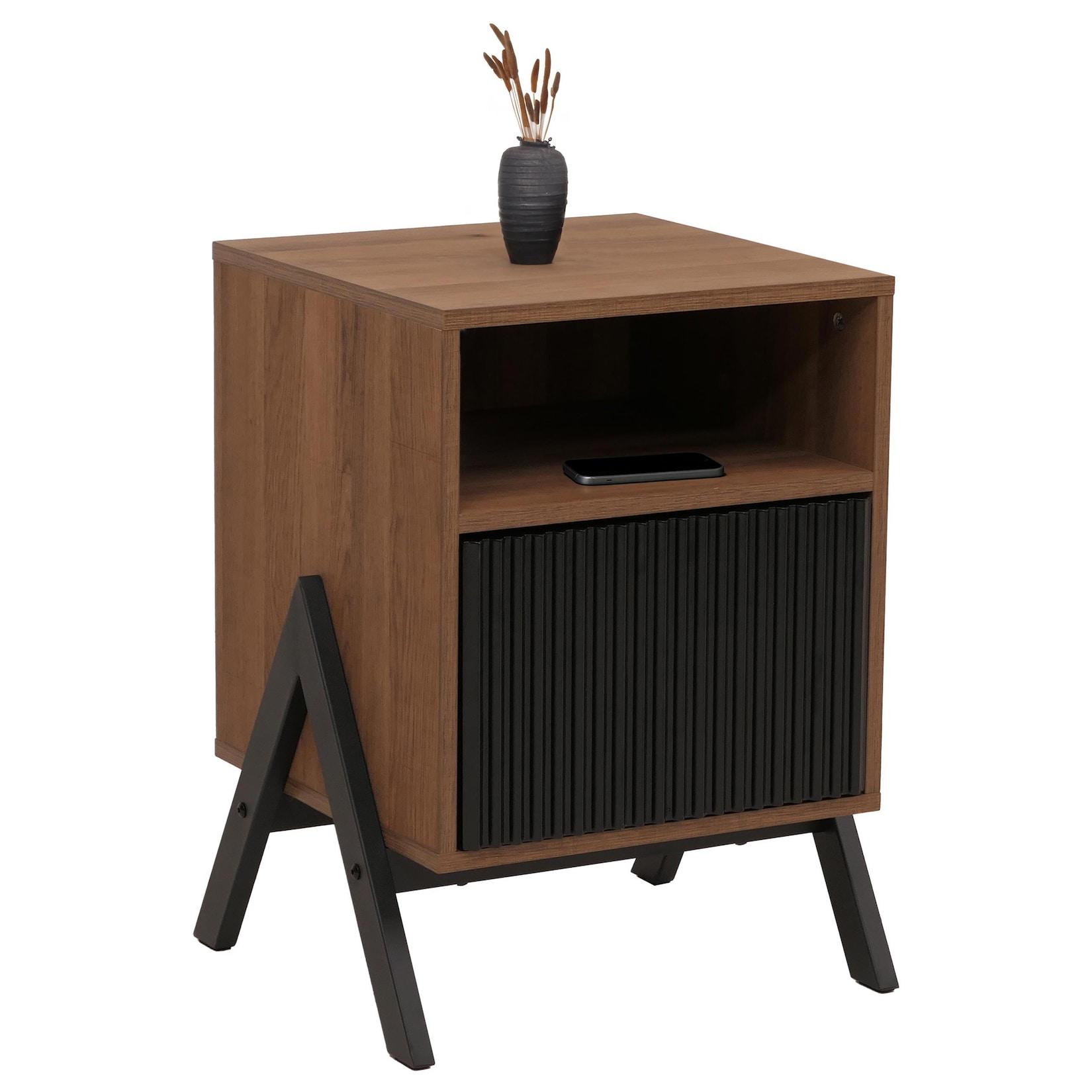 Nachttisch MCW-O40, Kommode Beistelltisch Nachtschrank Schrank, Schublade MDF Metall Melamin 59x40x40cm ~ natur