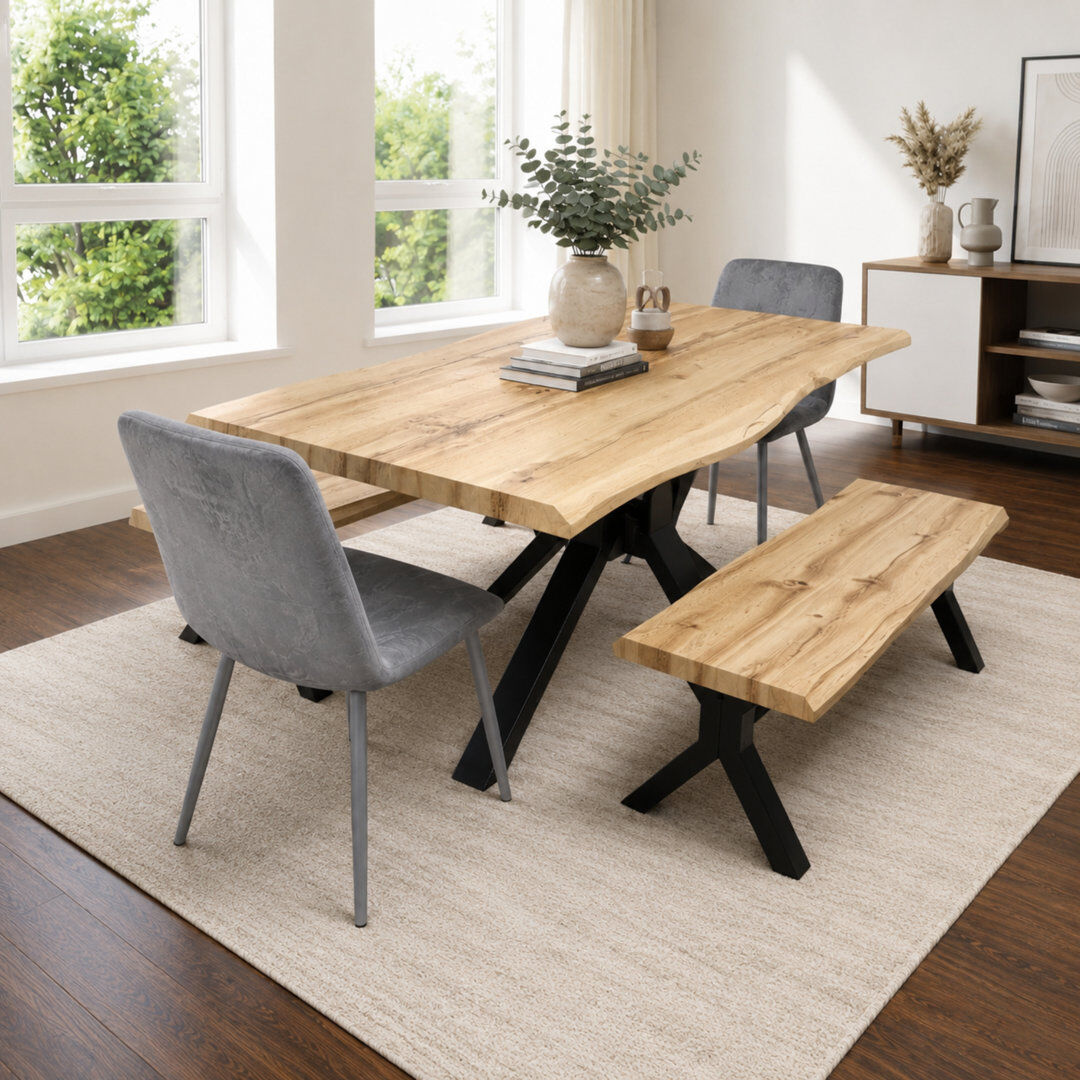 Norden Home Wooden Brown Dining Table with 2 Benches and Grey Velvet Chairs Brown 6