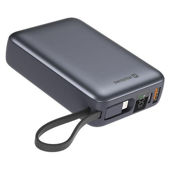 Swissten Power Bank 20000 Mah with Built-In Cables USB-C and Lightning Space Silver (20000 mAh, 74 Wh) (22013945)