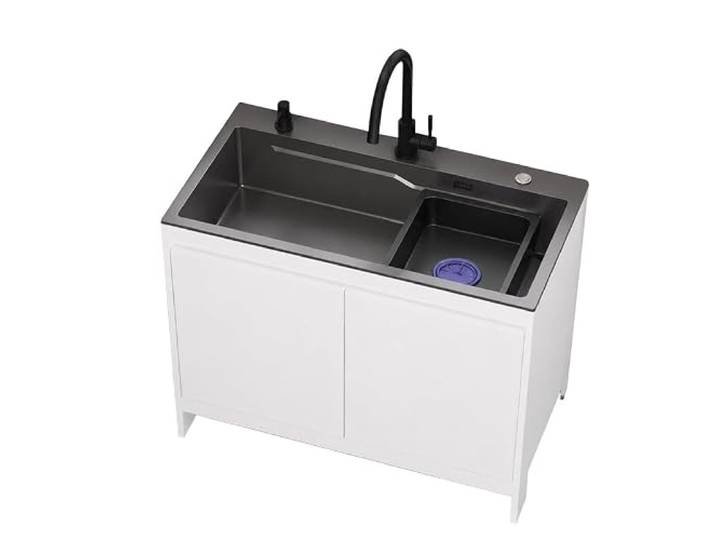 Freistehende Edelstahlspüle, Hauswirtschaftsspüle mit Aluminium-Unterschrank, Warm-Kalt-Doppelhahn und geruchsdichtes Design für Küche und Waschküche