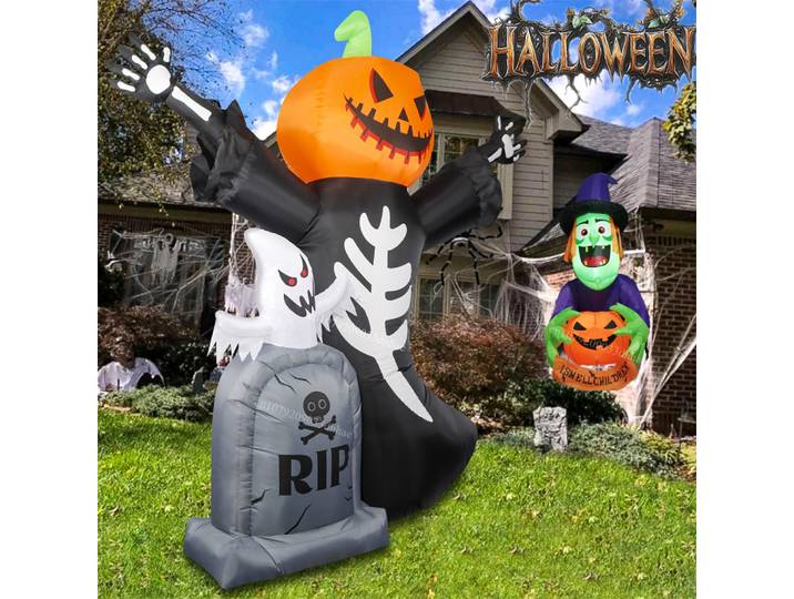 Pierre tombale gonflable d'halloween, crâne de citrouille fantôme/fenêtre, sorcière grimpante, avec LED pour l'extérieur, accessoire de décoration de jardin de cour de maison
