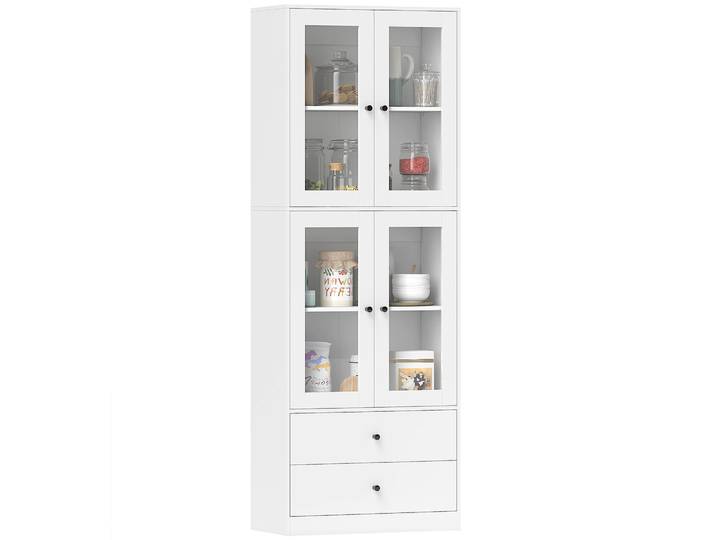 Homcom Armoire de cuisine haute avec 4 portes vitrées 2 tiroirs étagères réglables 59X30X170 cm Blanc