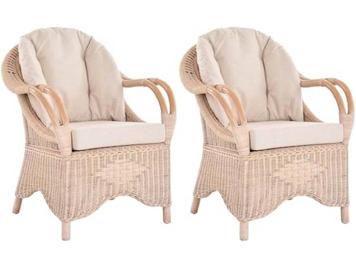 Krines Home 2er Set Breiter Wintergarten Rattansessel Natur Rattan Sessel Armlehnsessel Wohnzimmer Rattanmöbel (Vintage Weiss)
