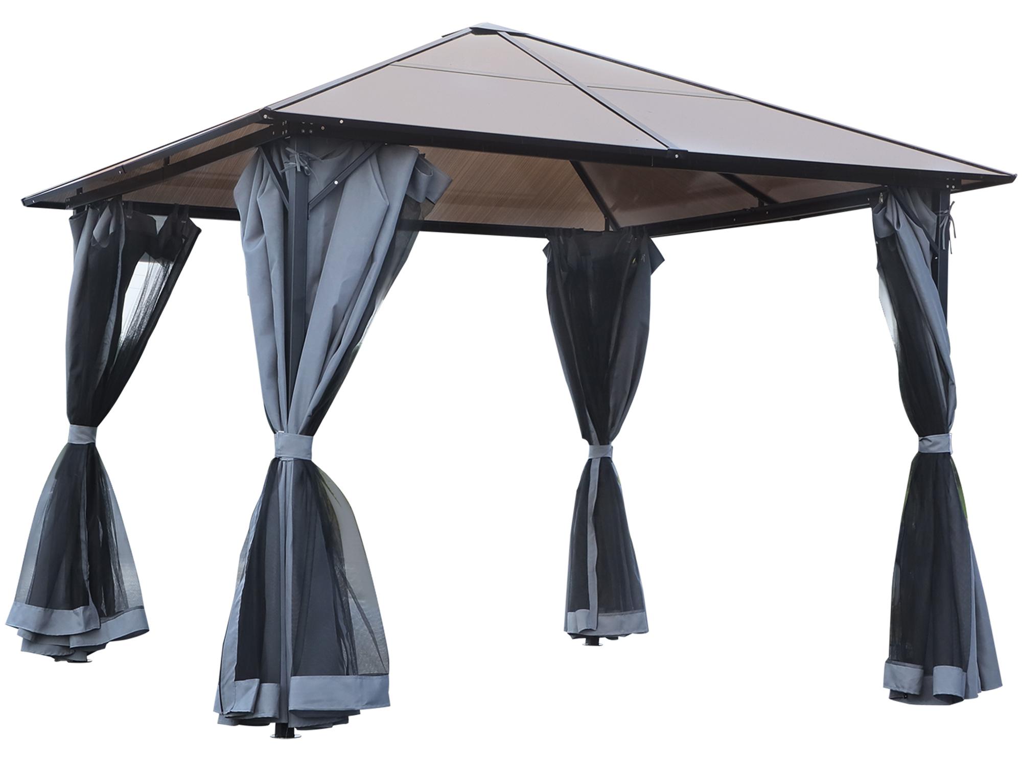 Pavillon mit Polycarbonatdach, Vorhänge mit Fliegennetz, Alugestell, dunkelgrau, 3 x 3 m