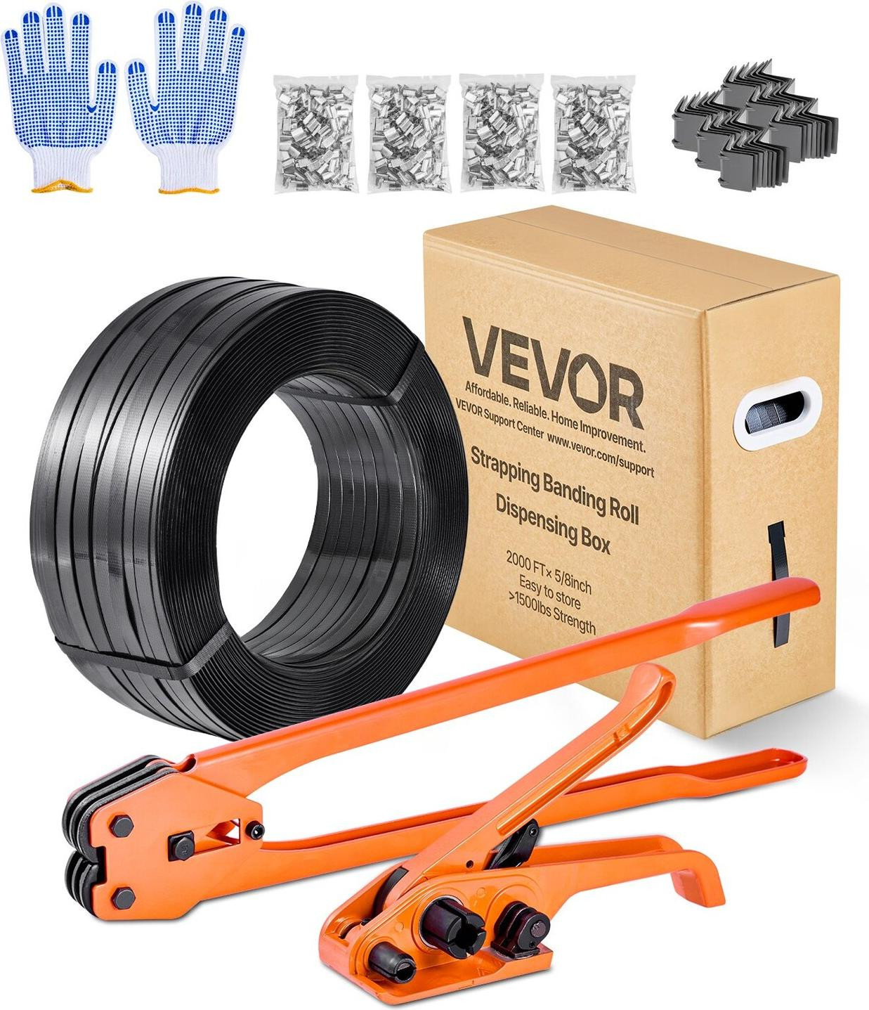 VEVOR Bundelbandset met bundelbandmachine, 610 meter PET-bundelband, 600 metalen afsluitingen en 200 hoekbeschermers voor verpakking en transport